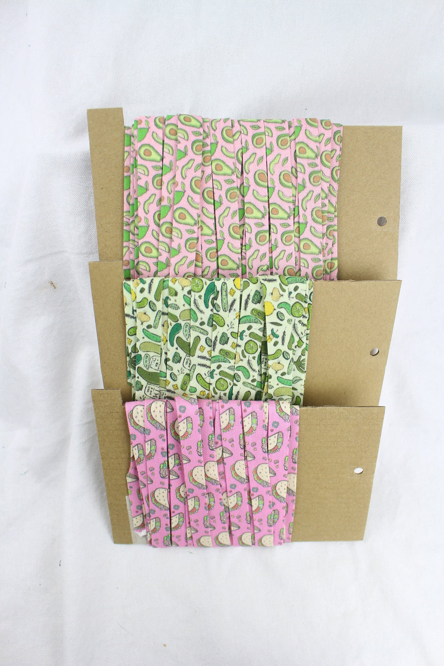 Bias Binding (Tape) 12mm, Cotton, Single Fold, avocado, pickles, tacos. Fusible iron on available.