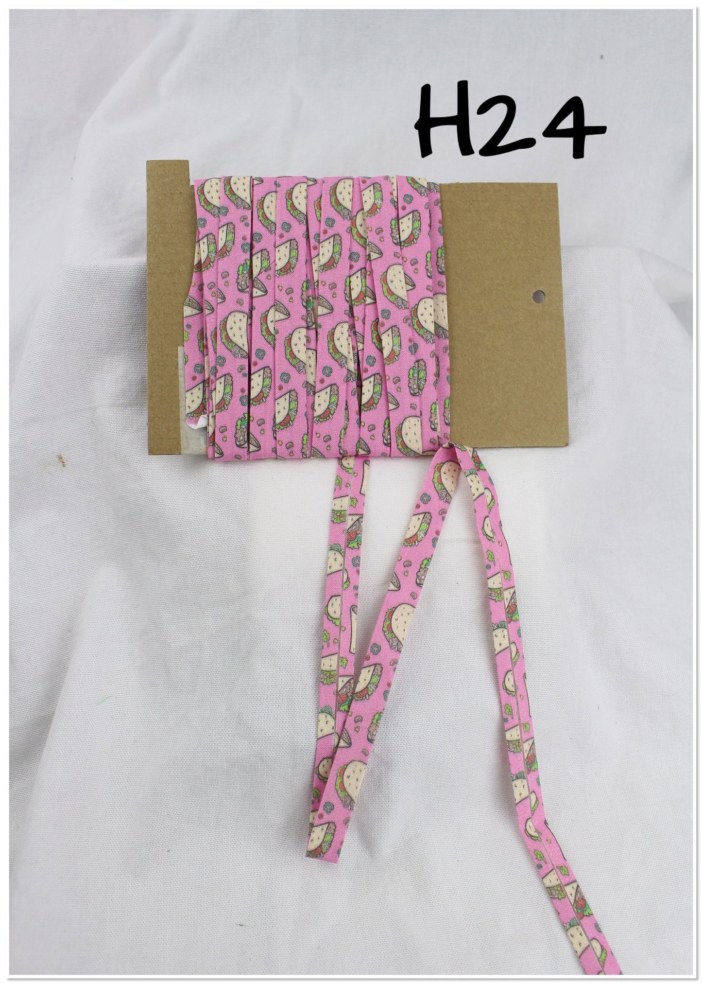 Bias Binding (Tape) 12mm, Cotton, Single Fold, avocado, pickles, tacos. Fusible iron on available.