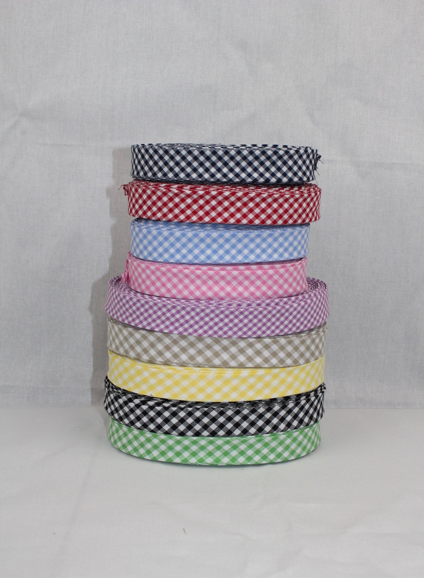 Bias Binding (tape) 25mm or 12mm single fold, yellow, blue, green, pink, black, purple, red, navy, brown GINGHAM. Fusible iron on available.