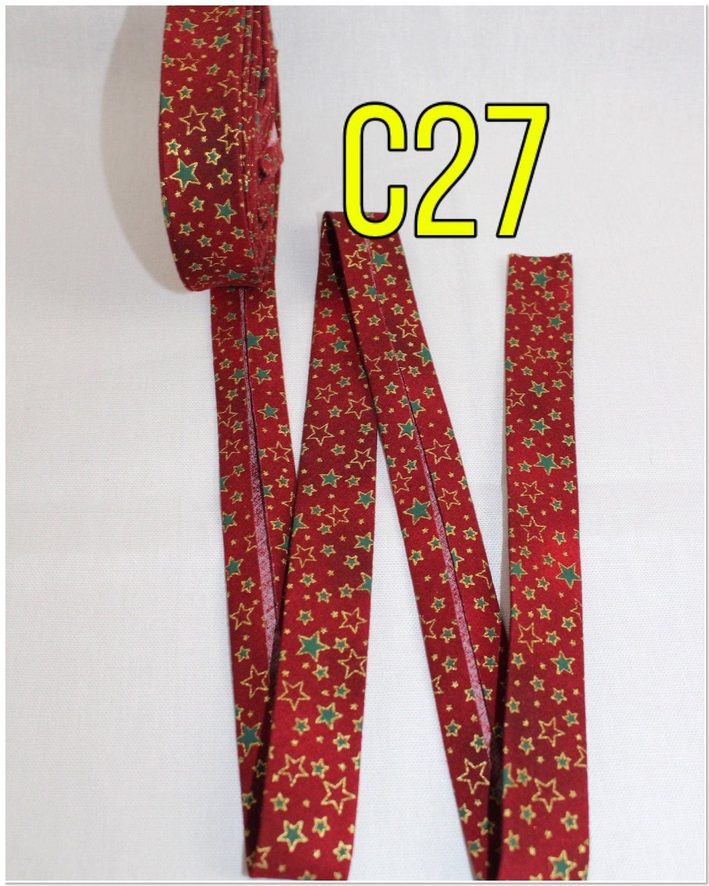 Christmas red bia/tape/binding/(fusible iron on available)/single fold/1 inch wide (1m)reindeer/candy canes/trees/Christmas/lights star