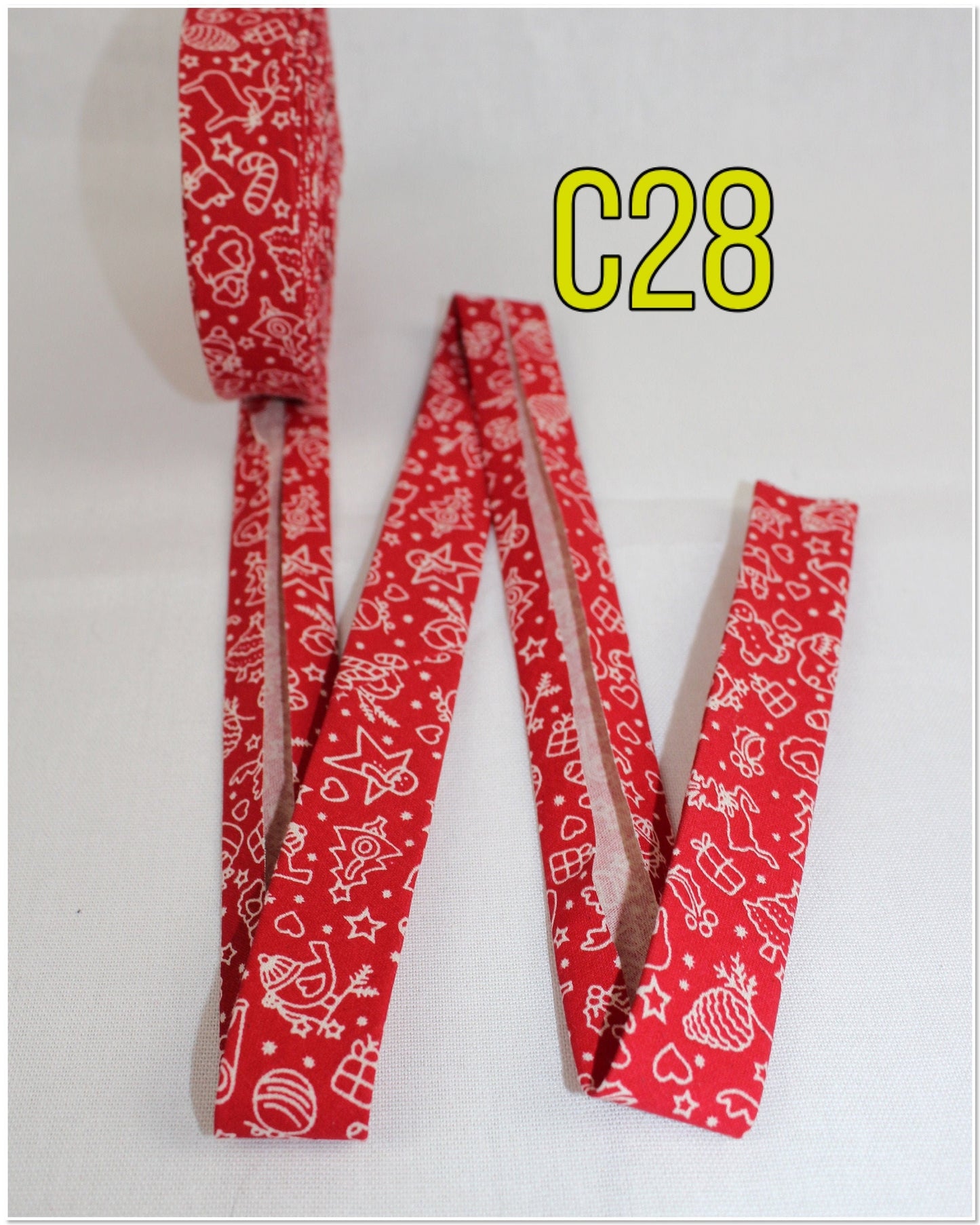 Christmas red bia/tape/binding/(fusible iron on available)/single fold/1 inch wide (1m)reindeer/candy canes/trees/Christmas/lights star