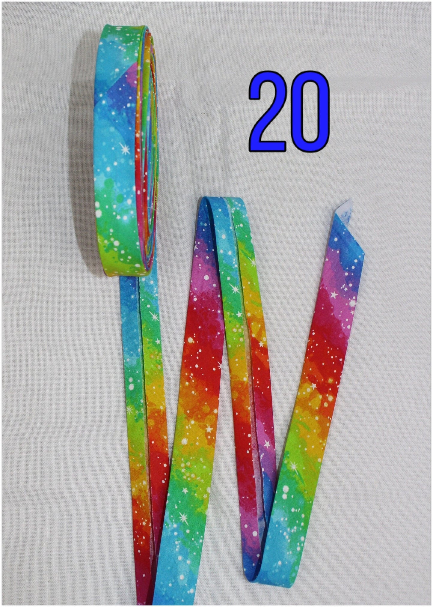 Bias Binding (Tape) 25mm, Cotton, Single Fold. Fusible iron on available. watercolour, rainbow, colourful, swirls.