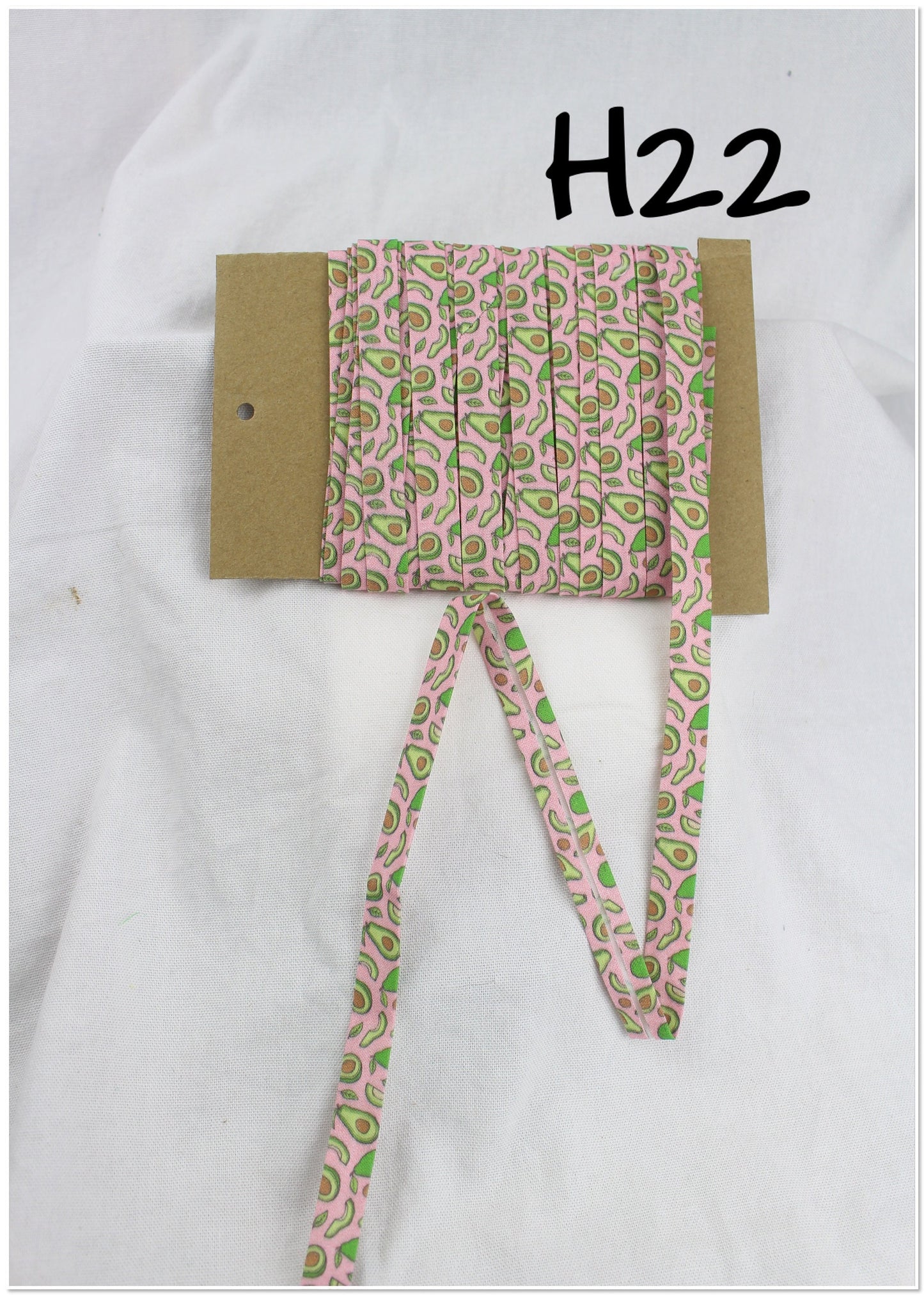 Bias Binding (Tape) 12mm, Cotton, Single Fold, avocado, pickles, tacos. Fusible iron on available.