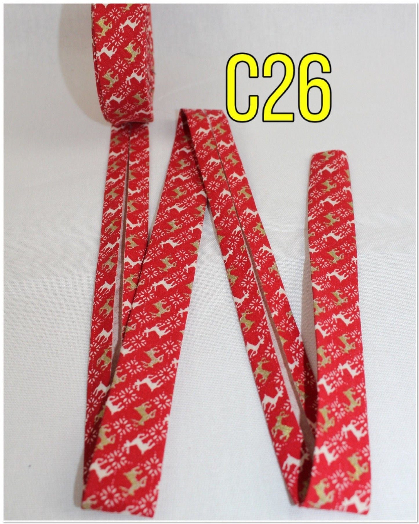 Christmas red bia/tape/binding/(fusible iron on available)/single fold/1 inch wide (1m)reindeer/candy canes/trees/Christmas/lights star