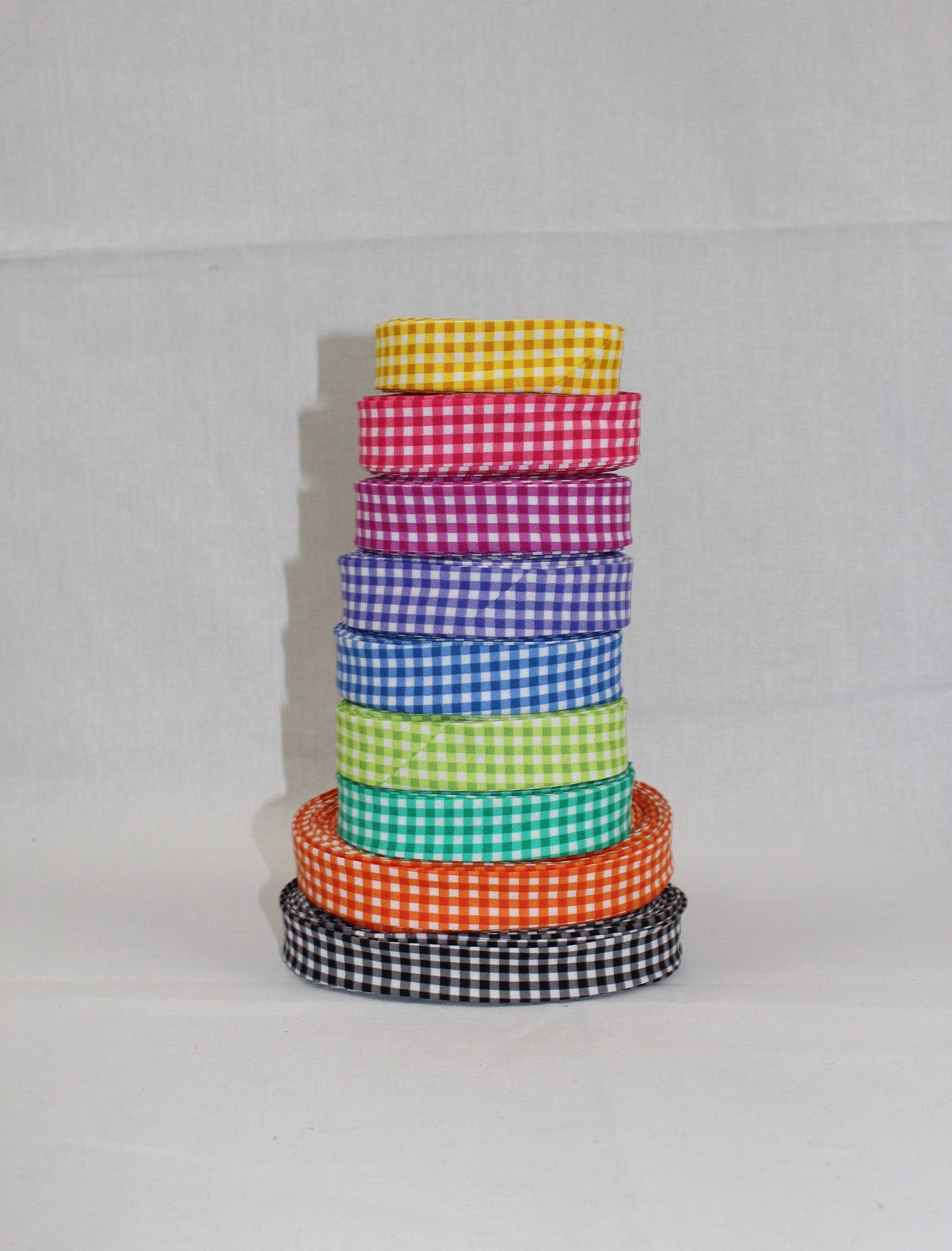 Gingham Bias Binding (tape) 25mm or 12mm, single fold, 100% Cotton. pink, yellow, blue, purple, orange, black. Fusible iron on available.