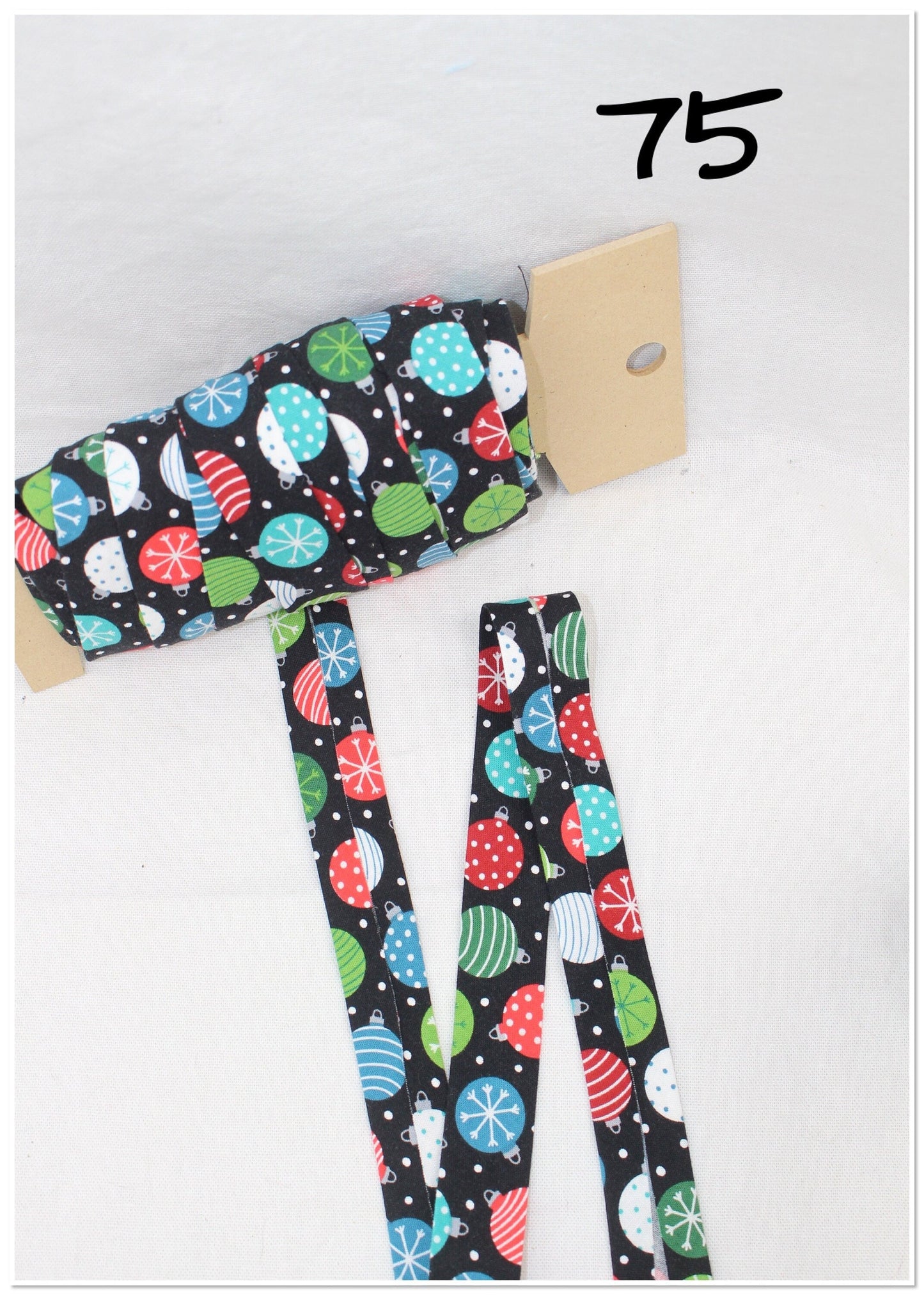 Bias Binding (Tape) 25mm, Cotton, Single Fold, Christmas baubles. Fusible iron on available.