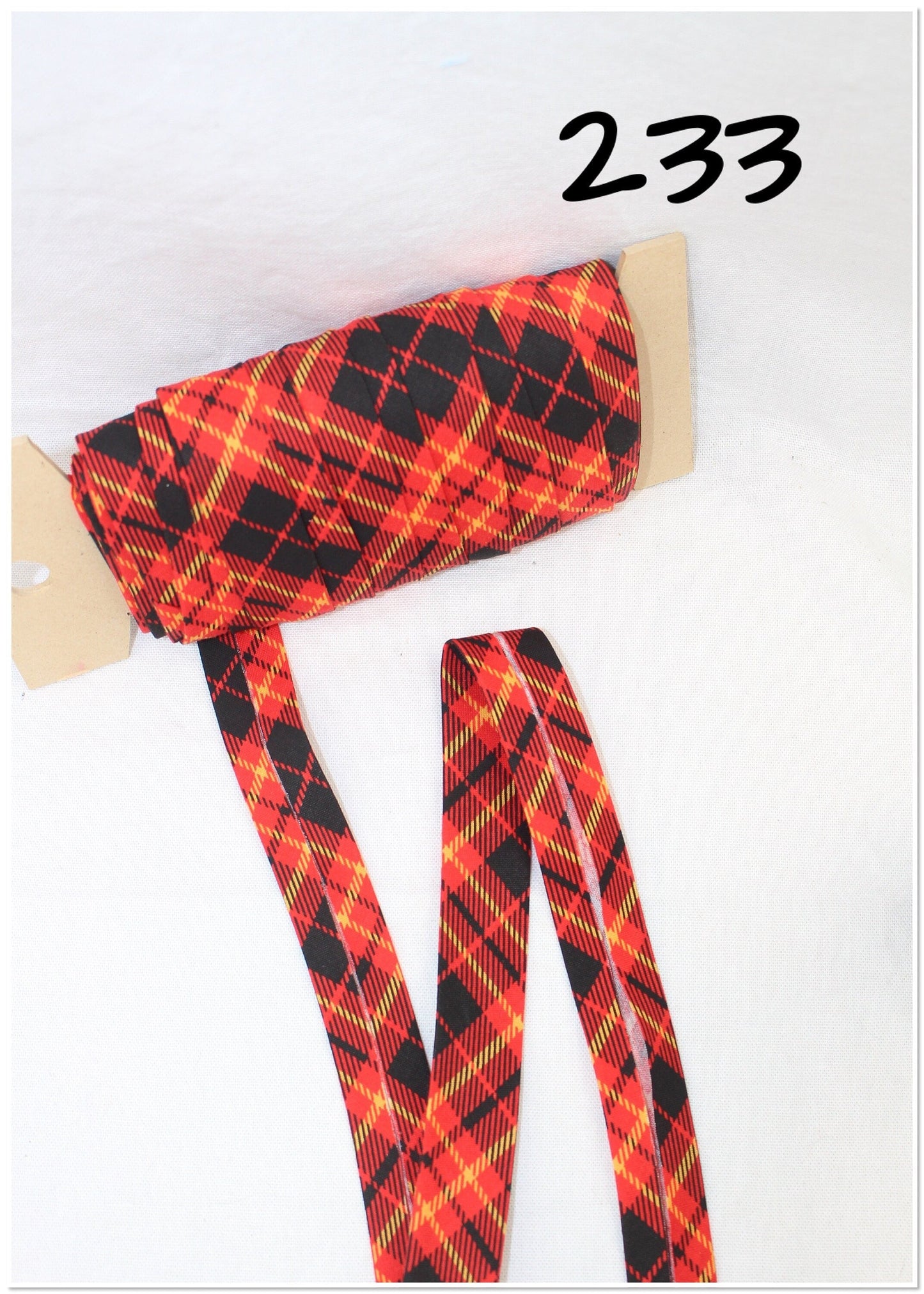 Bias Binding (Tape) 25mm, Cotton, Single Fold, red, black, blue plaid. Fusible iron on available.
