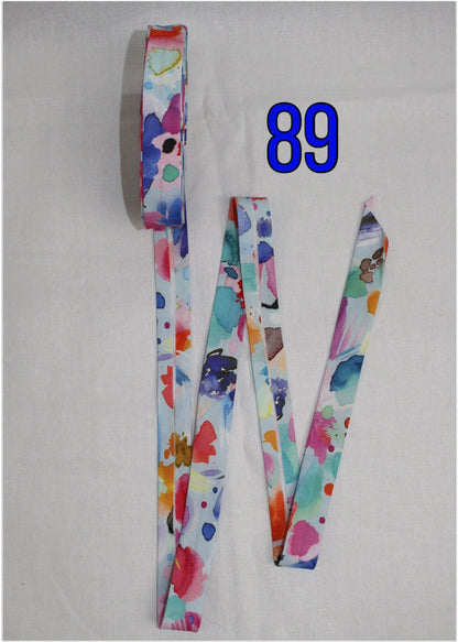 Bias Binding (Tape) 25mm, Cotton, Single Fold. Fusible iron on available. watercolour, rainbow, colourful, swirls.