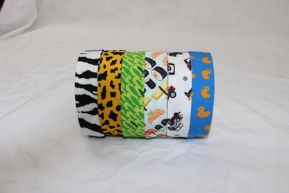 Bias Binding (Tape) 25mm, Cotton, Single Fold, fish, sushi, Jeep, ducks, zebra, cheetah. Fusible iron on available.