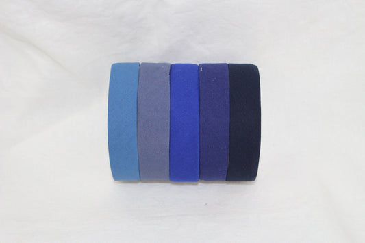 Bias Binding (tape) 25mm, single fold. jr navy, denim, slate, sapphire, Oxford blue. Fusible iron on available. 100% Cotton