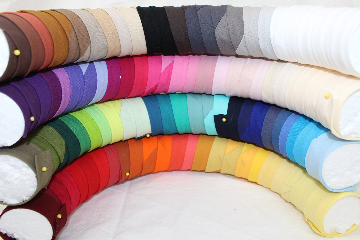 Bias Binding (tape) 25mm, single fold. jr navy, denim, slate, sapphire, Oxford blue. Fusible iron on available. 100% Cotton