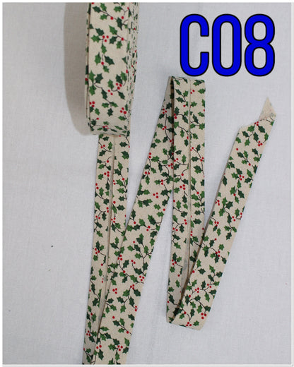 Christmas bias tape binding/(fusible iron on available)/single fold/1 inch wide(1m)/snowflakes/glitter/mistletoe/candy canes/Xmas tree/stars