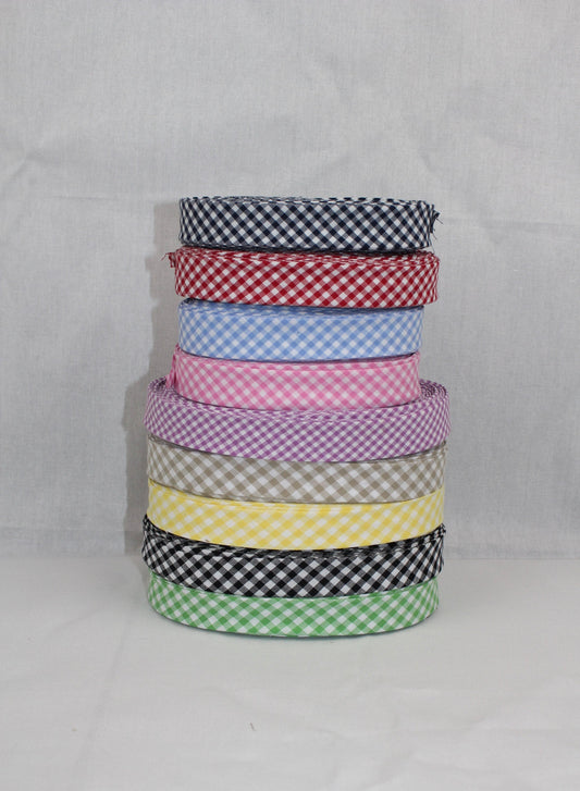 Bias Binding (tape) 25mm or 12mm single fold, yellow, blue, green, pink, black, purple, red, navy, brown GINGHAM. Fusible iron on available.