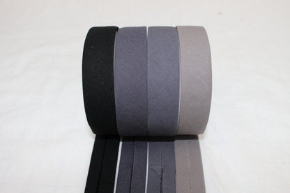 Bias Binding (tape) 25mm or 12mm, single fold, 100% Cotton. black, white, grey. Fusible iron on available.