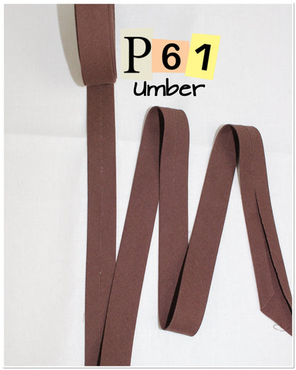 Bias Binding (tape) 25mm or 12mm, single fold, 100% Cotton. brown, umber, chocolate, cinnamon, coffee. Fusible iron on available.