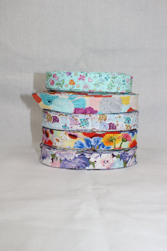 Bias Binding (Tape) 25mm, Cotton, Single Fold. Fusible iron on available. Wool, mermaid scales, flowers, floral, colourful.
