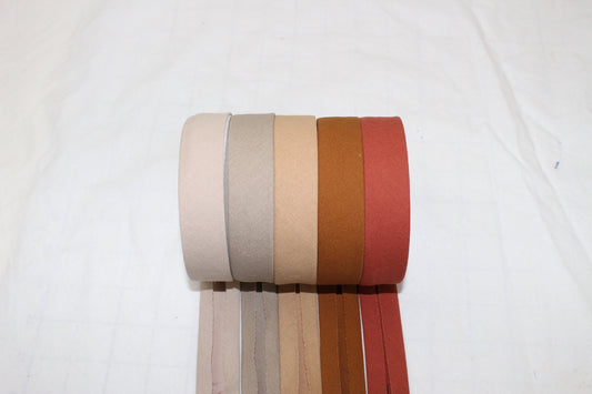 Bias Binding (tape) 25mm or 12mm, single fold, 100% Cotton. tan, brown, beige. Fusible iron on available.