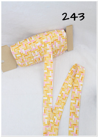 Bias Binding (Tape) 25mm, Cotton, Single Fold, yellow, pink, blue bricks. Fusible iron on available.