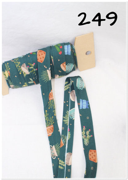 Bias Binding (Tape) 25mm, Cotton, Single Fold, plants, fern, green. Fusible iron on available.