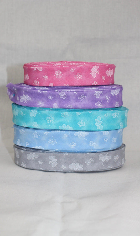 Bias Binding (Tape) 25mm, Cotton, Single Fold, pink, purple, blue, grey bees. Fusible iron on available.