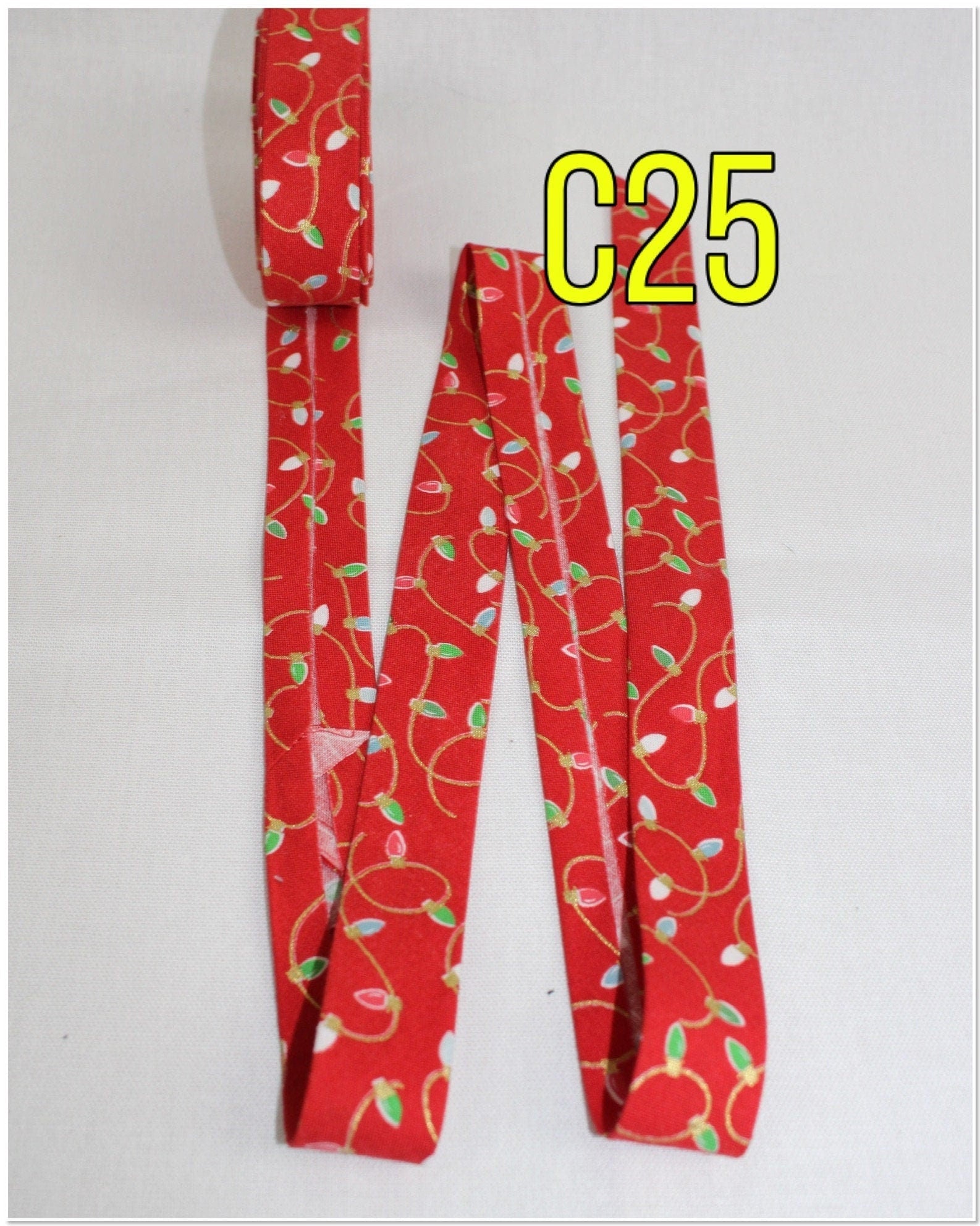 Christmas red bia/tape/binding/(fusible iron on available)/single fold/1 inch wide (1m)reindeer/candy canes/trees/Christmas/lights star