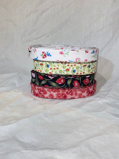 Bias Binding (Tape) 25mm, Cotton, Single Fold, roses, mushrooms, blue birds, flowers. Fusible iron on available.