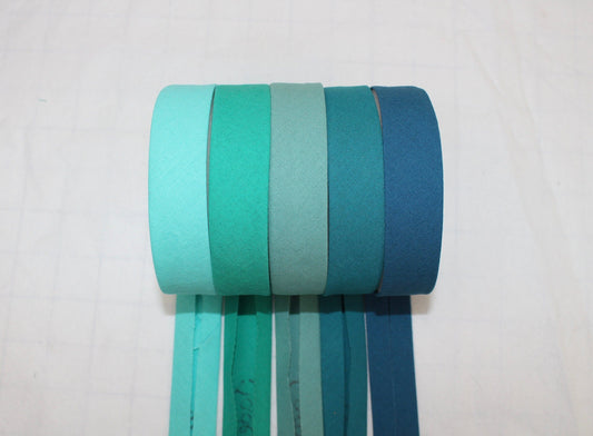 Bias Binding (tape) 25mm or 12mm, single fold, 100% Cotton. blue, light blue, dark blue, teal . Fusible iron on available.