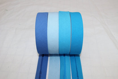 Bias Binding (tape) 25mm or 12mm, single fold, 100% Cotton. blue, sky, bluebell. Fusible iron on available.