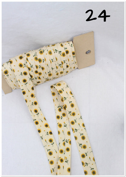 Bias Binding (Tape) 25mm, Cotton, Single Fold, sunflowers, hippy daisy, flowers. Fusible iron on available.