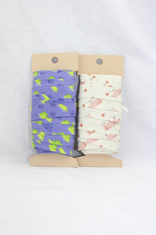 Bias Binding (Tape) 25mm, Cotton, Single Fold, pigs, frogs. Fusible iron on available.
