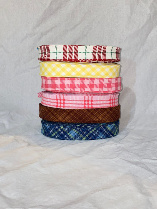 Bias Binding (Tape) 25mm, Cotton, Single Fold, gingham, plaid, checkers. Fusible iron on available.