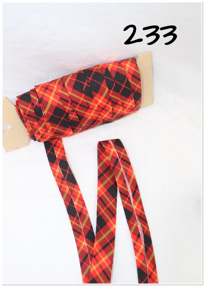 Bias Binding (Tape) 25mm, Cotton, Single Fold, red, black, blue plaid. Fusible iron on available.