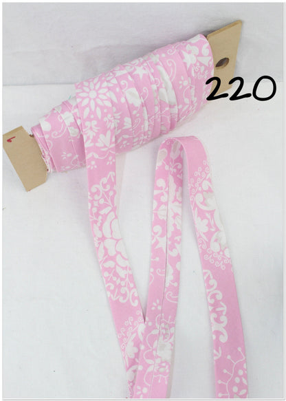 Bias Binding (Tape) 25mm, Cotton, Single Fold, pink print, patterned. Fusible iron on available.