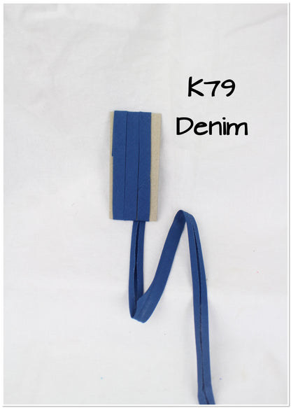 Bias Binding (tape) 12mm, single fold. Denim, slate, pampadour, Air Force blue. Fusible iron on available. 100% Cotton